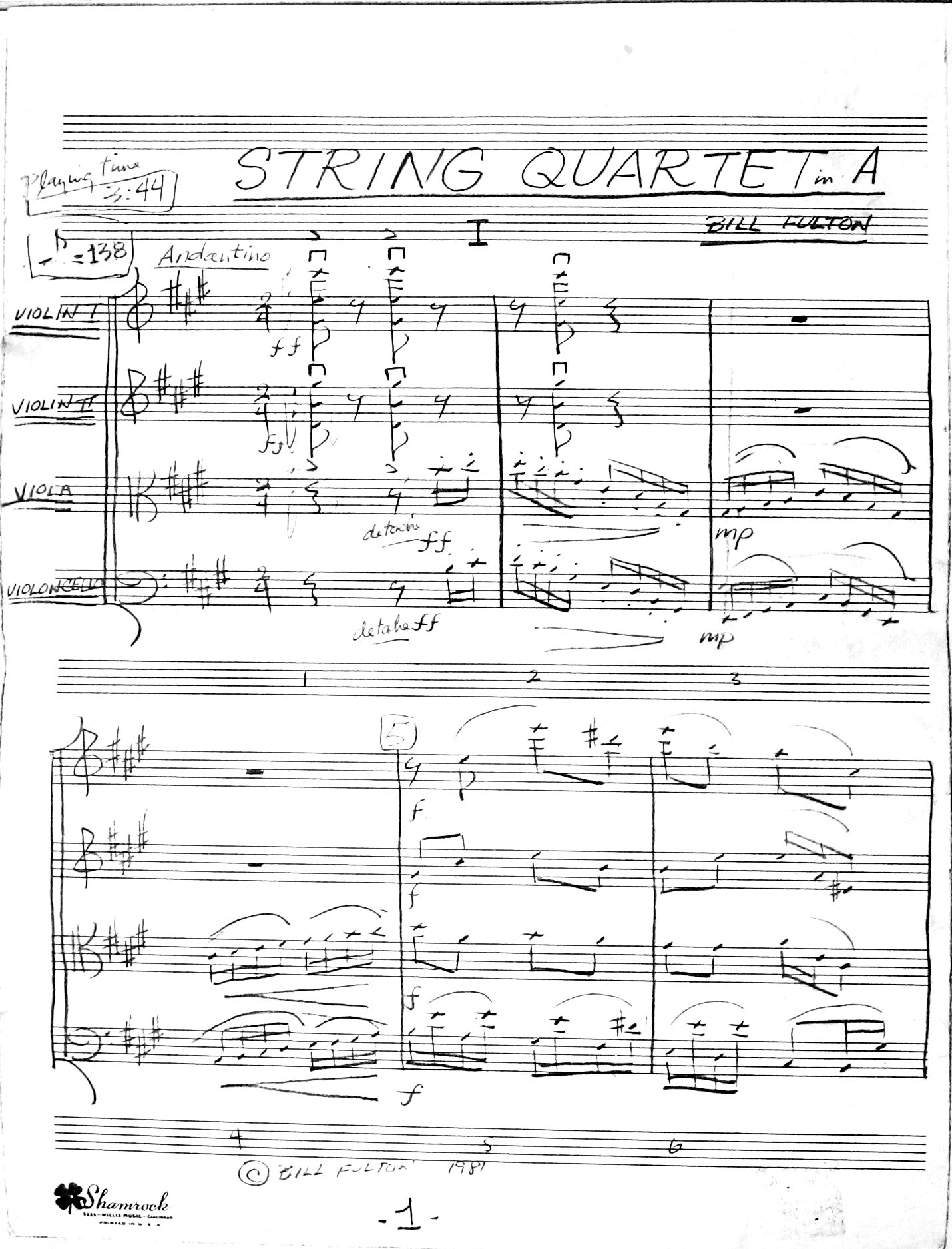 String Quartet in A Major 1st movement by Bill Fulton pdf